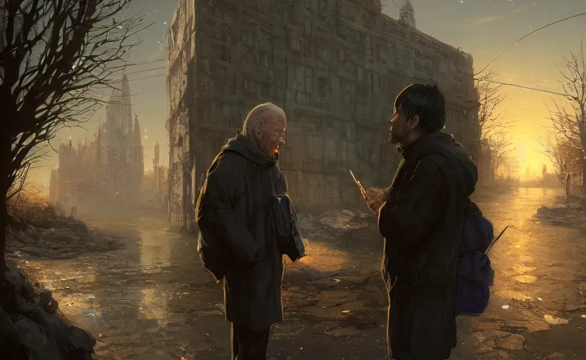 Image similar to highly detailed portrait of joe biden as a homeless, conversing with himself, stephen bliss, unreal engine, fantasy art by greg rutkowski, loish, rhads, ferdinand knab, makoto shinkai and lois van baarle, ilya kuvshinov, rossdraws, tom bagshaw, global illumination, radiant light, detailed and intricate environment