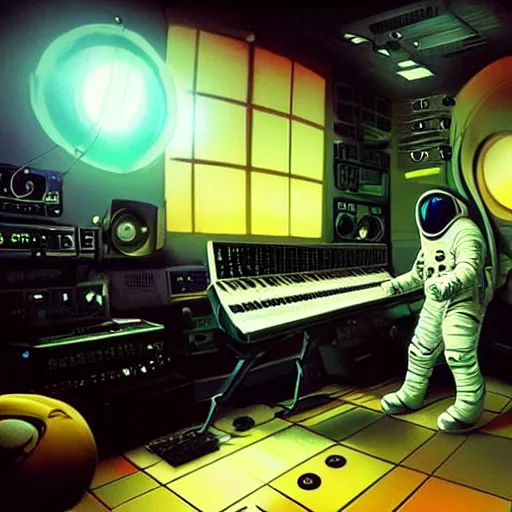 Prompt: an astronaut, using a synthesizer in a music studio, [ floating ]!!, synthwave art style, illustrated by greg rutkowski and ashley mckenzie, trending on cgsociety, golden ratio!!!, centered!!!, intricate