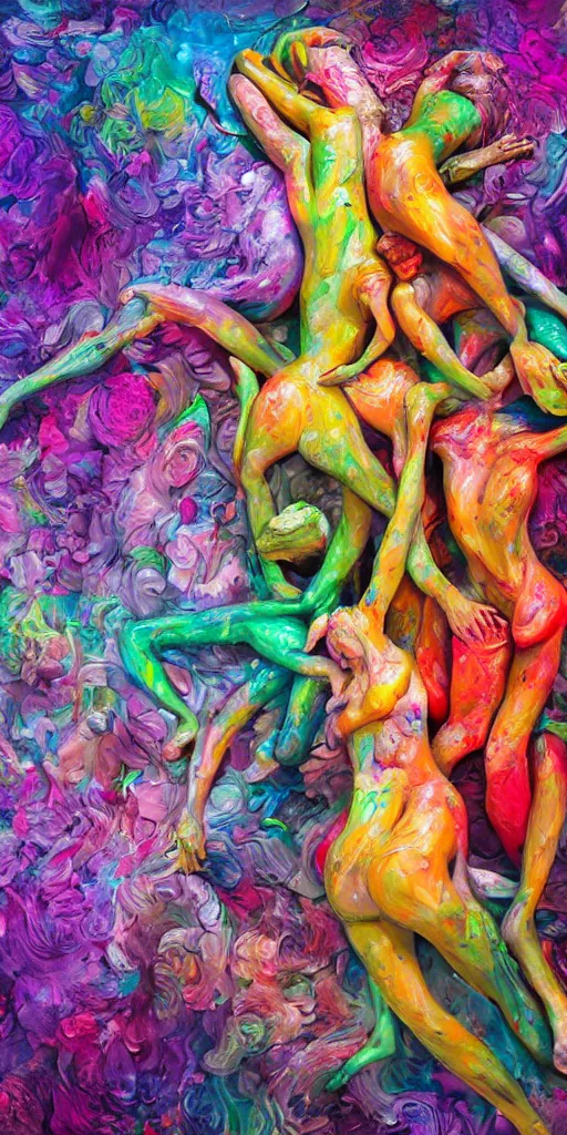 Image similar to a surrealist sculpture human bodies intertwined, a lovely cornucopia of flowers and human body parts, body parts, paint pour, swirling paint colors, highly detailed, octane render, cinematic