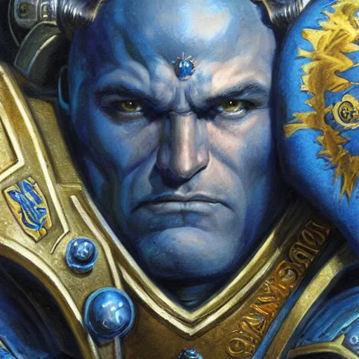 Prompt: Roboute Guilliman Primarch of the Ultramarines, closeup portrait art by Donato Giancola and James Gurney, digital art, trending on artstation