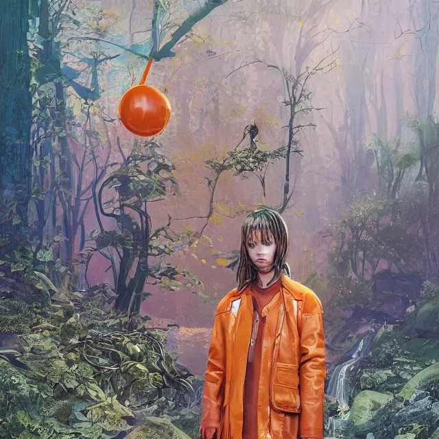 Image similar to portrait of alone androgynous girl wearing long orange vintage leather coat, bakelite rocky mountains, moss green japanese haunted forest background, ultrafine hyperdetailed illustration by hsiao - ron cheng and artgerm, wearing giant modular synthesizer 8 0 s sony stereo helmet and backpack, the grand budapest hotel, glow, no crop, digital art, artstation, pop art