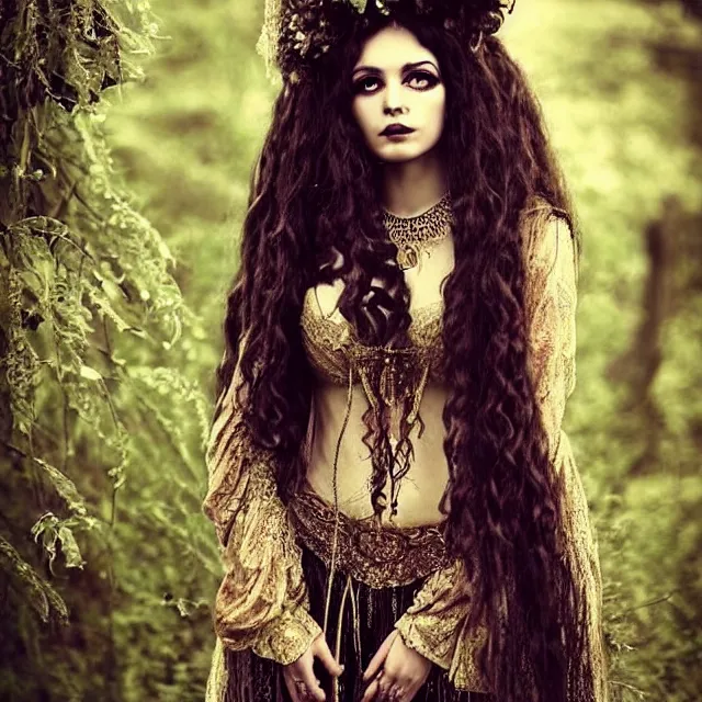 Prompt: ethereal beautiful woman with long curly hair in romany gypsy outfit, high detail, detailed dark eyes, brown dark aesthetic, fantasy