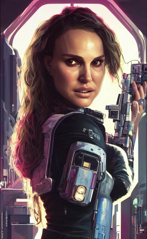 Image similar to portrait of Natalie Portman as a character in arabian Cyberpunk 2077, looking at camera, intricate, dystopian, sci-fi, extremely detailed, digital painting, artstation, concept art, smooth, sharp focus, illustration, intimidating lighting, incredible art by artgerm and greg rutkowski and alphonse mucha and simon stalenhag