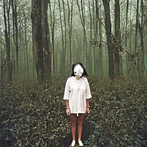 Image similar to woman with mask made of clouds and thorns, standing in a forest, Kodak vision3 500t