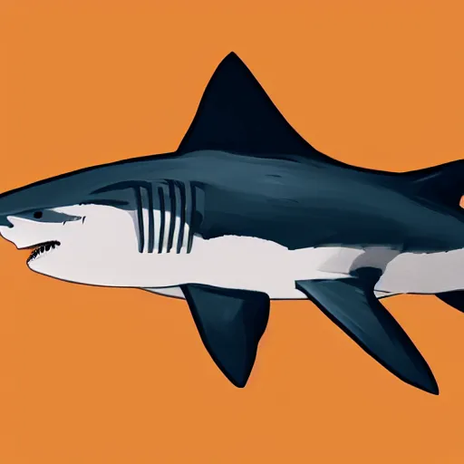 Image similar to great white shark, side view, with a conical orange traffic cone instead of a fin - ron cheng & alphonse mucha, highly detailed, digital painting, ray tracing, concept art, illustration, smooth sharp focus, intricate, symmetry, artstation,