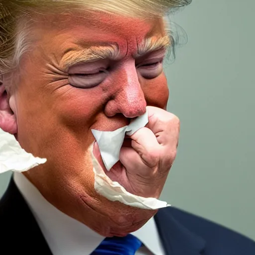 Image similar to candid portrait photo of president trump stuffing crumpled paper into his mouth wads, 2 4 mm lens