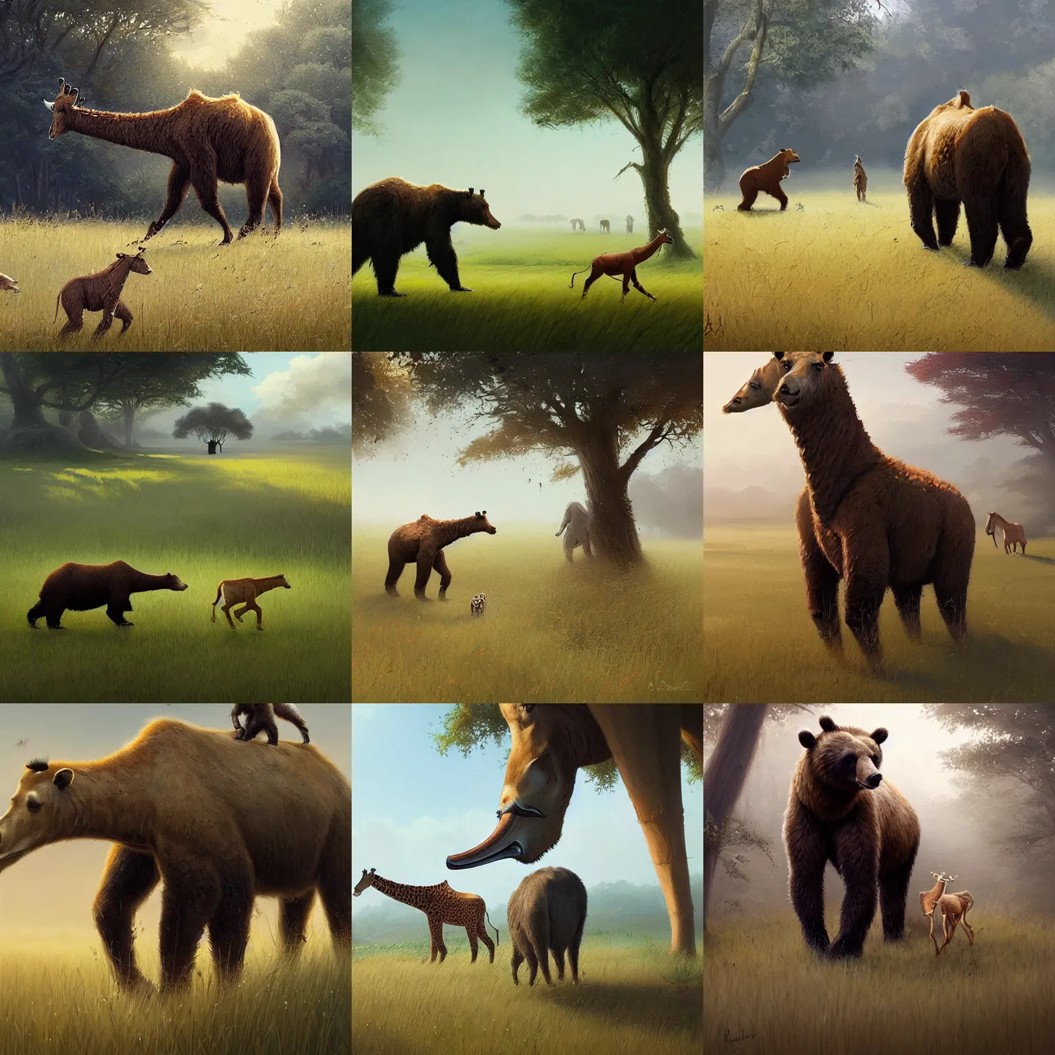 Prompt: a bear and a giraffee walking on grass. highly detailed digital painting by greg rutkowski.