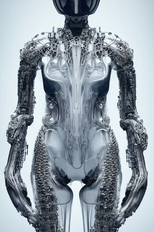 Prompt: iris van herpen, perfect symmetrical body, helmet on face, full body shot, inflateble shapes, wires, tubes, veins, jellyfish, white biomechanical details, wearing epic bionic cyborg implants, masterpiece, intricate, biopunk, vogue, highly detailed, artstation, concept art, cyberpunk, octane render