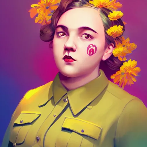 Prompt: colorful and festive cute female young plus size female hitler with tan skin, clear sharp todd solondz face, wearing yellow floral blouse. full body, rich vivid pastel colors, ambient lighting, dynamic lighting, 4 k, atmospheric lighting, painted, intricate, highly detailed by charlie bowater