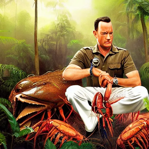 Image similar to Tom Hanks as forrest gump sitting on a giant shrimp in the jungle, realistic digital painting, photoreailstic, realistic face, amazing detail, sharp