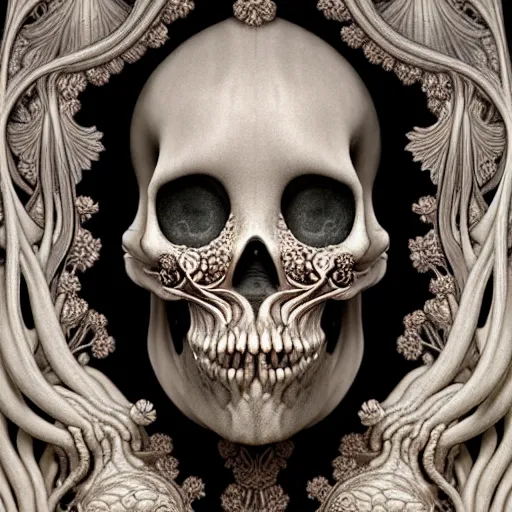 Prompt: detailed realistic beautiful porcelain calaveras face portrait by jean delville, gustave dore, iris van herpen and marco mazzoni, art forms of nature by ernst haeckel, art nouveau, symbolist, visionary, gothic, neo - gothic, pre - raphaelite, fractal lace, intricate alien botanical biodiversity, surreality, hyperdetailed ultrasharp octane render