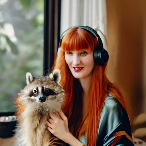 Image similar to a stunning hyper-detailed closeup portrait photo of a slender beautiful smiling woman with long ginger hair and bangs, wearing a luxurious silk robe, wearing headphones and posing with her large ginger tabby cat and her raccoon and parrots in an overstuffed easy chair in her sunlit victorian living room, holding a porcelain parrot-shaped coffee mug and a donut, perfect eyes, fashion photography, octane render, unreal engine, 85 mm lens,