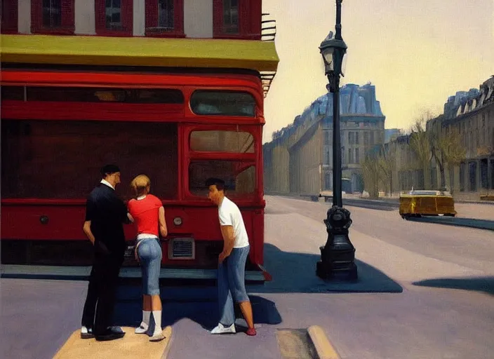 Image similar to painting, two young men and women near blue vw bus on paris street, by edward hopper, bernardo bertolucci dreamers movie scene