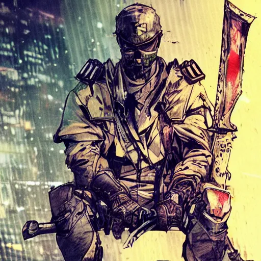 Image similar to hero sitting on a chair holding a sword on his back, looking at a army in the background illustrated by yoji shinkawa, pencil art, extra detail, dynamic, colored, blood, metal swords, sharp lines, textures, cyberpunk, handsome face