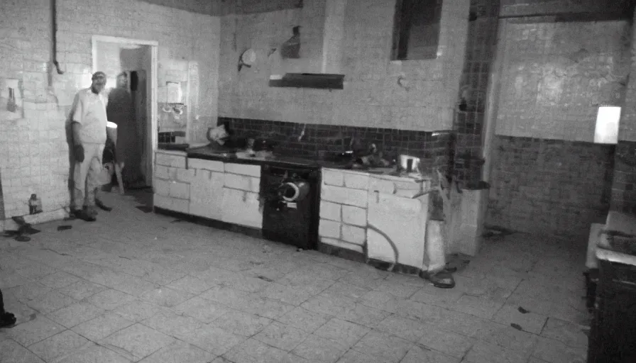 Image similar to a big snake and a old skinny man in a dirty old stalinist style kitchen, mini dv camera found footage, very very low quality picture, heavy grain, caught on security camera, heavy jpeg artifact, night vision very blurry, caught on trail cam, 1 4 4 p, ultra wide lens