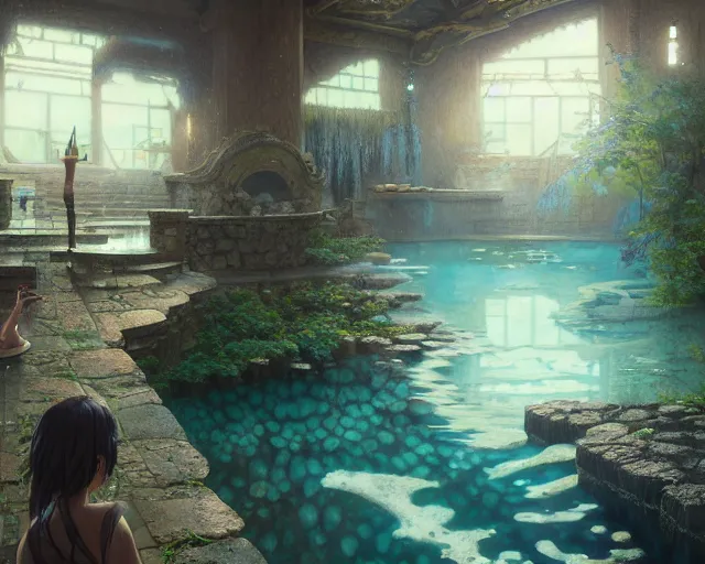 Prompt: highly detailed picture of an onsen, stephen bliss, unreal engine, fantasy art by greg rutkowski, loish, rhads, ferdinand knab, makoto shinkai and lois van baarle, ilya kuvshinov, rossdraws, tom bagshaw, global illumination, radiant light, detailed and intricate environment