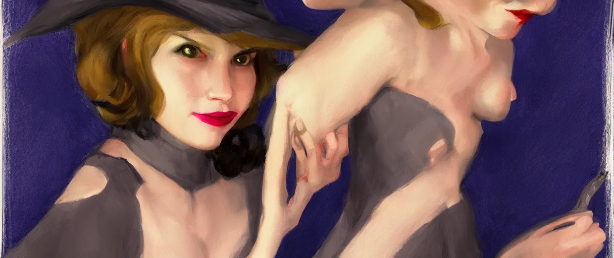 Image similar to a realistic flirty witch portrait, by edward hopper, new artstation artist,