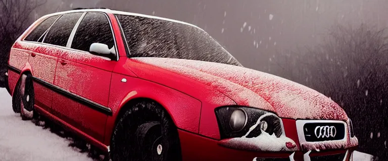 Image similar to Audi A4 B6 Avant (2002), a gritty neo-noir, dramatic lighting, cinematic, eerie person, death, homicide, homicide in the snow, viscera splattered all over the car, gunshots, establishing shot, extremely high detail, photorealistic, red mist, arson, burning city, cinematic lighting, artstation, by simon stalenhag, Max Payne (PC) (2001) winter New York at night, In the style of Max Payne 1 graphic novel, flashing lights, Poets of the Fall - Late Goodbye