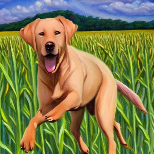 Prompt: a beautiful painting of a Labrador retriever running in a field of corn. Trending, artstation