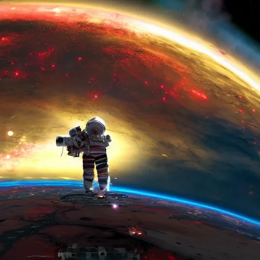 Prompt: !dream clown in a spacesuit looks at an exploding space station 13, 4k very detailed, cinematic