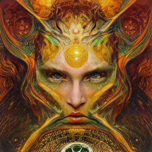 Image similar to Divine Chaos Engine portrait by Karol Bak, Jean Deville, Gustav Klimt, and Vincent Van Gogh, celestial, sacred geometry, visionary, mystic, fractal structures, ornate realistic gilded medieval icon, spirals