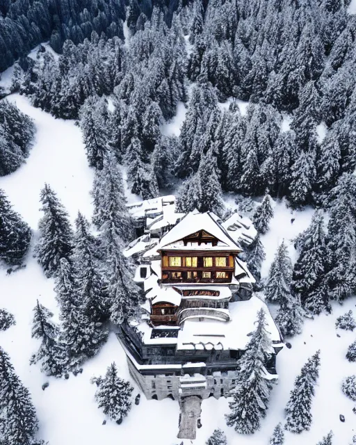 Prompt: hidden mansion in the alps with snow covered roof set on fire, zoomed out, shot from drone, iphone capture