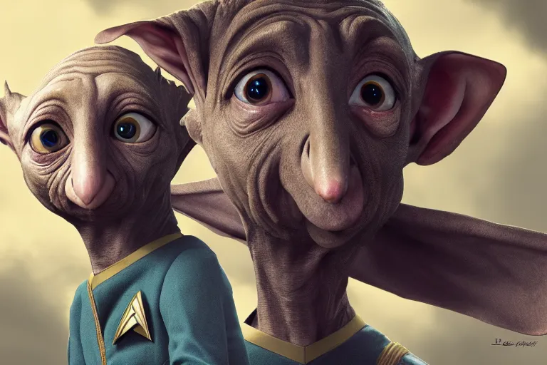 Image similar to dobby as the captain of starship enterprise, star trek, highly detailed, award winning, deviant art, art station, octane, 4 k