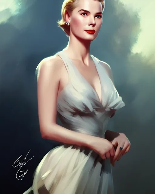 Image similar to photo of grace kelly, film still, dslr, by greg rutkowski, enoch bolles, ross tran, artgerm, wlop glossy skin, pearlescent, very coherent, cute