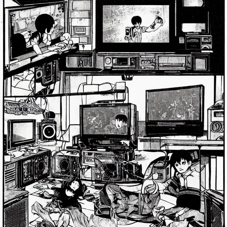 Image similar to manga illustration of teenager playing video games inside creepy 1 9 8 0's living room basement by katsuhiro otomo, kentaro miura, satoshi kon