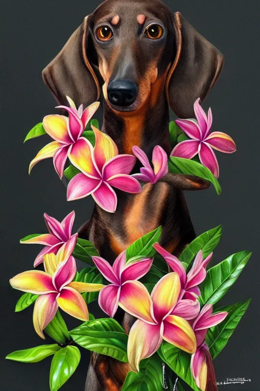 Prompt: ultra realistic illustration, portrait of a dachshund plumeria tropical bouquet background, close up shot, fantasy, intricate, elegant, highly detailed, digital painting, artstation, concept art, smooth, sharp focus, illustration, surrealism
