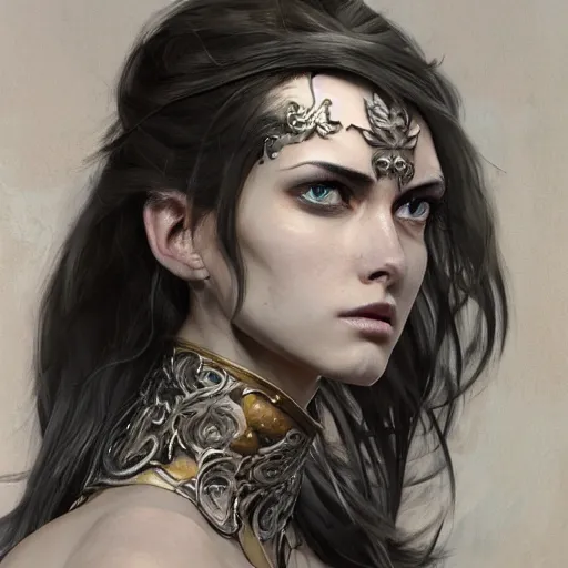 Image similar to tattoo design, a professional painting of a beautiful young female, partially clothed in battle armor, olive skin, long dark hair, beautiful bone structure, symmetrical facial features, intricate, elegant, digital painting, concept art, smooth, sharp focus, illustration, from Metal Gear, by Ruan Jia and Mandy Jurgens and Greg Rutkowski and Artgerm and William-Adolphe Bouguerea and artgerm, cat girl, anime