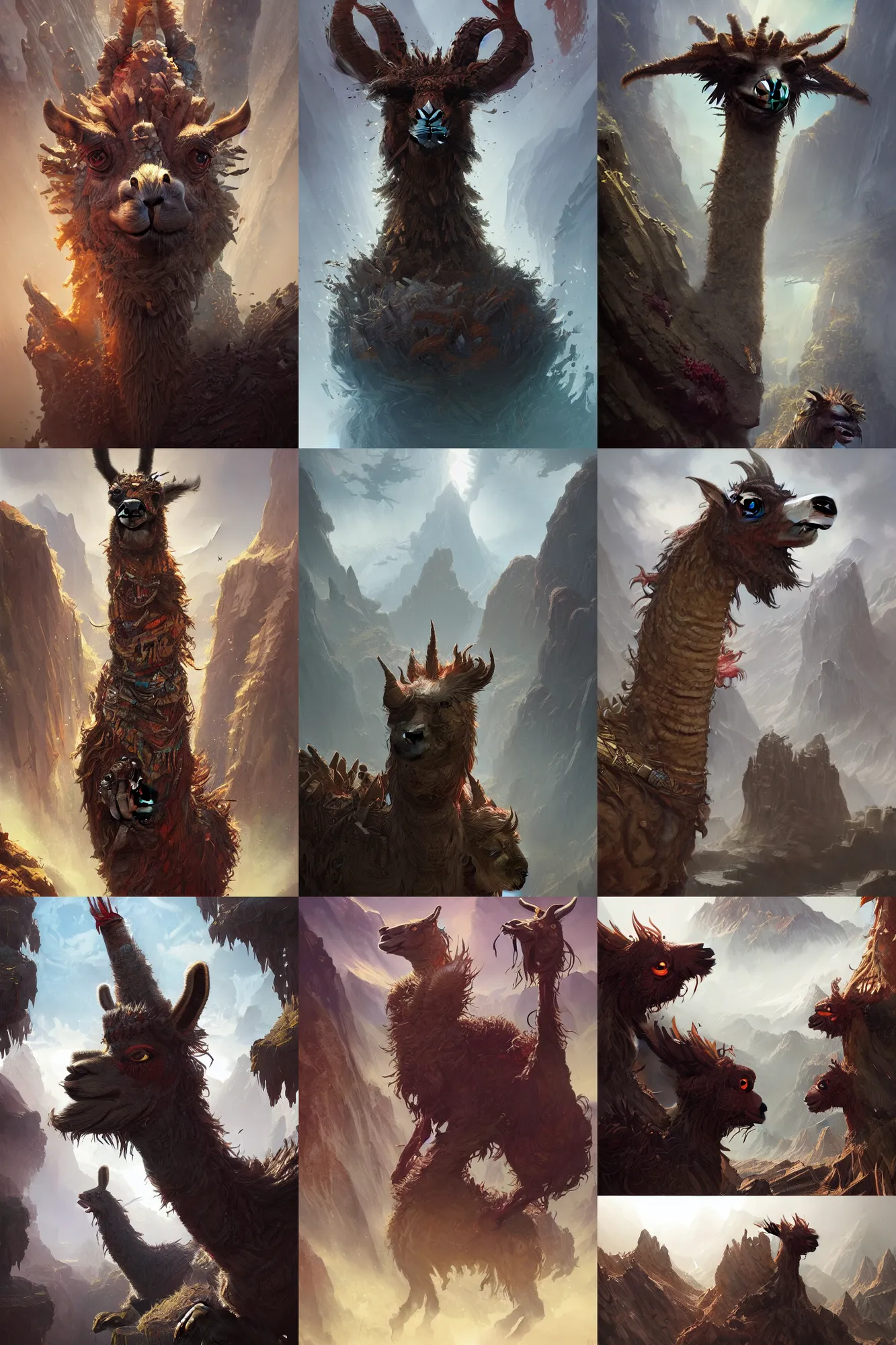 Prompt: Hyperdetailed masterpiece concept art of Llama monster of the Incas hyperdetailed concept art by Greg Rutkowski and Ross Tran, high quality DnD illustration, trending on ArtStation, all rights reserved Wizards of the Coast.