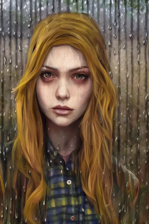 Prompt: tv scene of rachel amber from life is strange standing in a graveyard in the rain, blonde hair, red checker shirt, tired emotion, tearful eyes, highly detailed, sharp focused, ultra realistic digital concept art by Alyssa Monks, Charlie Bowater