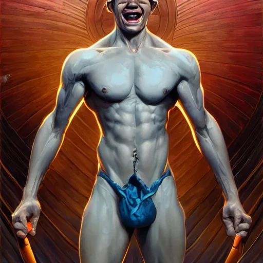 Image similar to character concept, full body, symmetrical, laughing young man with strong body. detailed, high quality, dynamic lightning, fantasy, scenematic. artwork by artgerm, wlop, alex ross, greg rutknowski, alphonse mucha