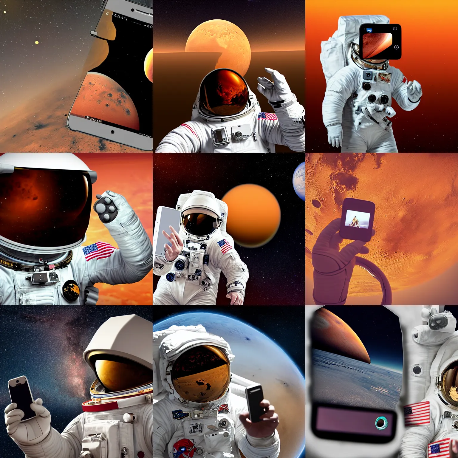 Prompt: an astronaut taking a selfie with a cell phone with mars in the background, a macro photograph by elfriede lohse - wachtler, polycount, superflat, adafruit, angular, matte photo