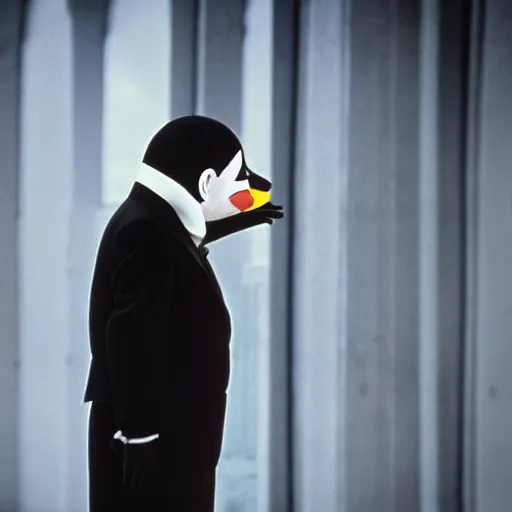 Image similar to Mr Bean as The Penguin in Batman, directed by Tarantino, film grain, EOS-1D, f/1.4, ISO 200, 1/160s, 8K, RAW, symmetrical balance, in-frame, Dolby Vision