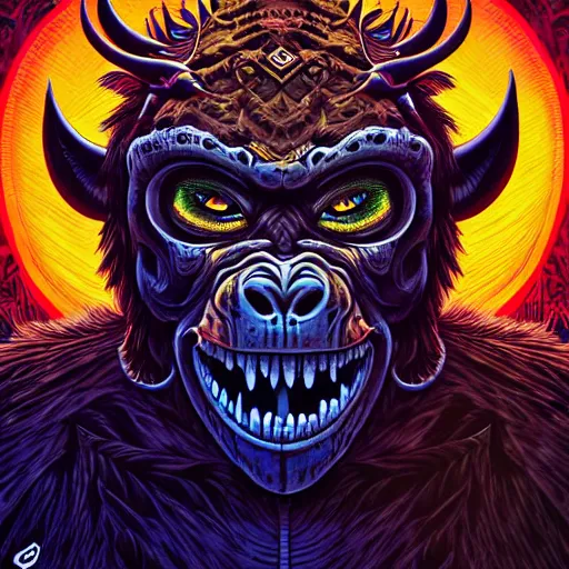 Image similar to barong family member, wiwek, mara demon, one single tribe member, jungle, one single mask, dark, ancient warrior, gorilla, lizard, tribal, inner glow, art by dan mumford and justin gerard