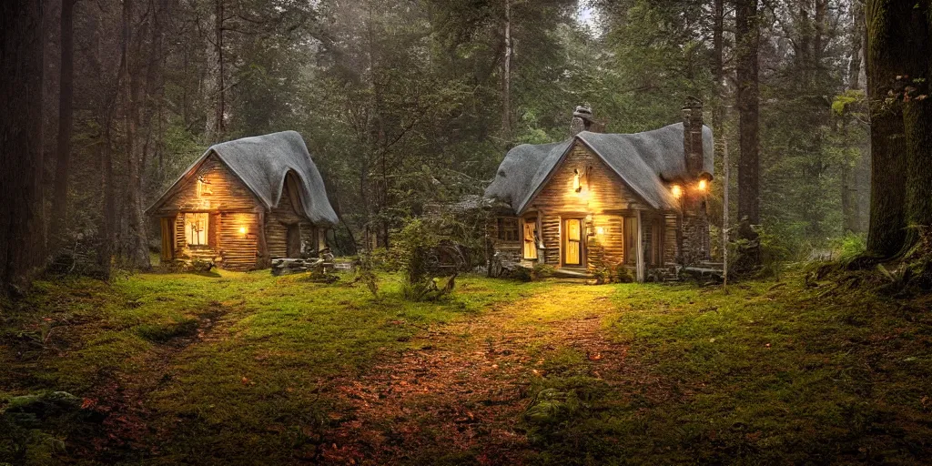 Prompt: a cottage in the woods, fantasy, hyper realistic, dramatic lighting, wide angle lens, 8k