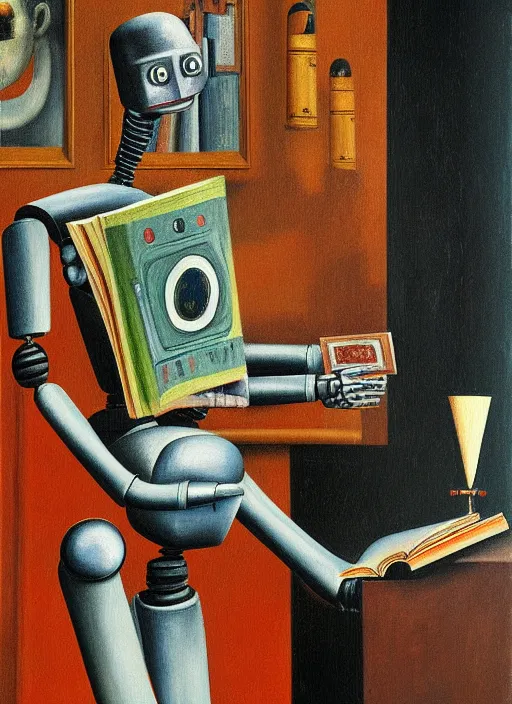 Prompt: portrait of a robot reading a book, highly detailed, painting by otto dix, 8 k