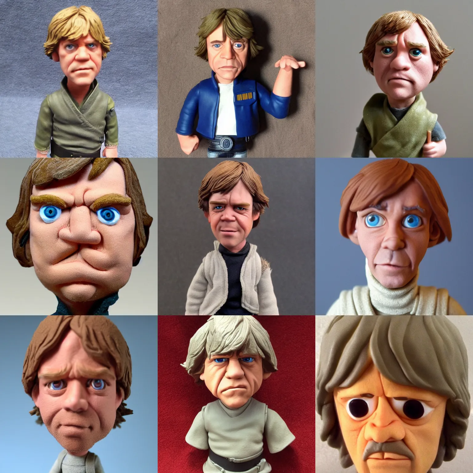 Prompt: real luke skywalker mark hamilton caricature!! clay! close detailed sculpted head , style: claymation puppet kids clay , by guldies