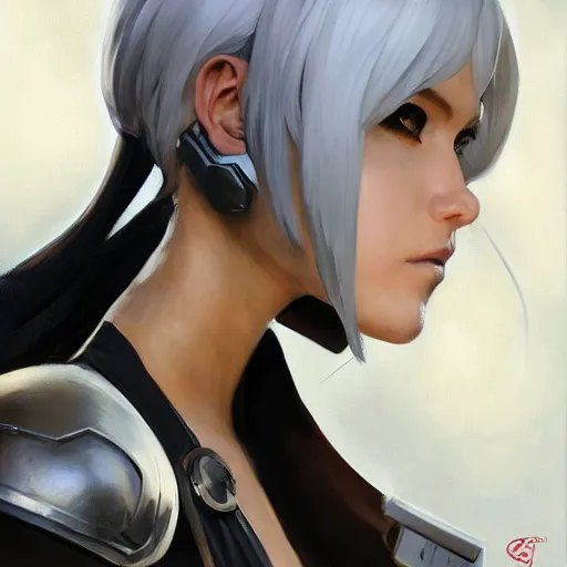 Image similar to greg manchess portrait painting of 2 b nier automata as overwatch character, medium shot, asymmetrical, profile picture, organic painting, sunny day, matte painting, bold shapes, hard edges, street art, trending on artstation, by huang guangjian and gil elvgren and sachin teng