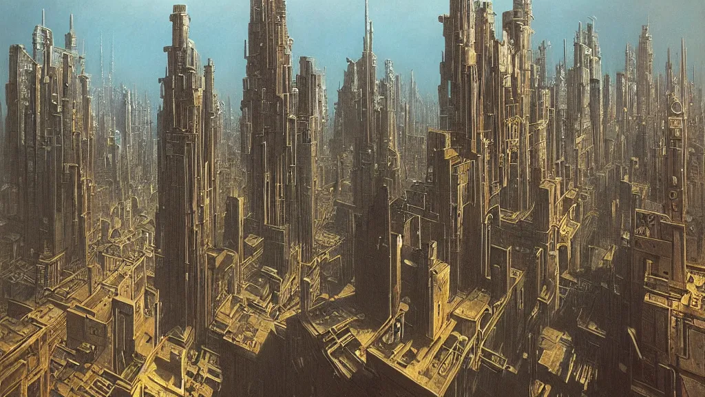 Image similar to Beautiful Painting of a cyberpunk city by Zdzisław Beksiński