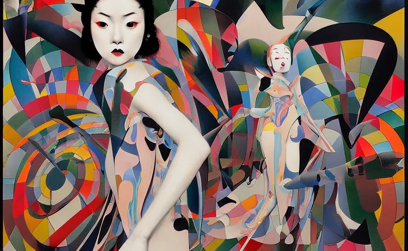 Image similar to decollage painting young japanese actress chased by unknown danger by adrian ghenie and takato yamamoto and edward hopper and mark ryden and tsutomu nihei, part by bridget riley, acrylic pour and splashing paint, very coherent, baroque elements, perfect anatomy, intricate design. pop art.