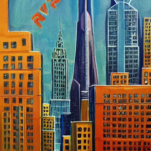 Image similar to retro futuristic new york skyline, detailed painting