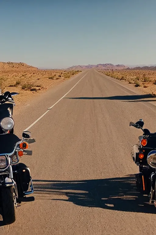 Image similar to riding a harley davidson on a desert road, cinematic