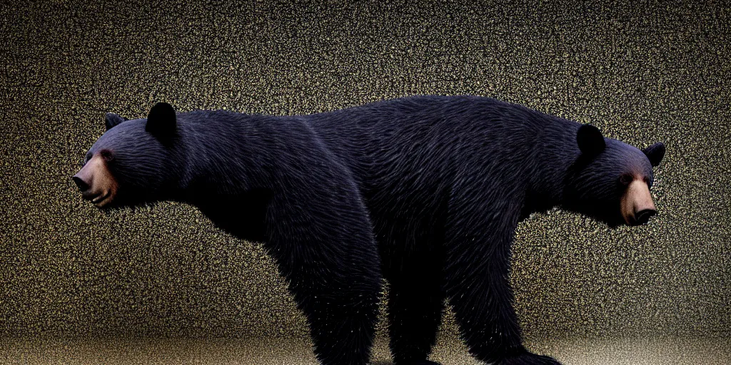 Image similar to black bear made of ferrofluid, in the zoo exhibit, viscous, sticky, full of black goo, covered with black goo, splattered black goo, dripping black goo, splattered goo, sticky black goo. photography, dslr, reflections, black goo, zoo, exhibit, v - ray, 3 d render, 8 k resolution, hyperreal