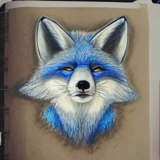 Image similar to high quality colored pencil sketch portrait of an anthro furry fursona blue fox, handsome eyes, sketch doodles surrounding it, photo of notebook sketch