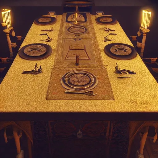 Prompt: Seance table, Hyper-realistic, 4K, Highly Detailed, HD, Dramatic Lighting by Brom, golden hour, trending on Artstation