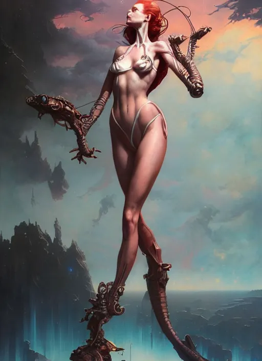 Image similar to girls posing seductively, fantasy character portrait, bikini, bodysuit, leotard, ultra realistic, wide angle, intricate details, the fifth element artifacts, highly detailed by peter mohrbacher, hajime sorayama, wayne barlowe, boris vallejo, aaron horkey, gaston bussiere, craig mullins