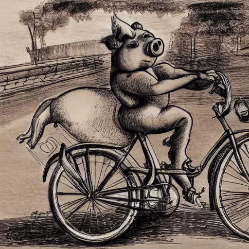 Image similar to a pig riding a bicycle on the road by the seaport,detailed watercolor pen ink illustration by bernini, key visual official media